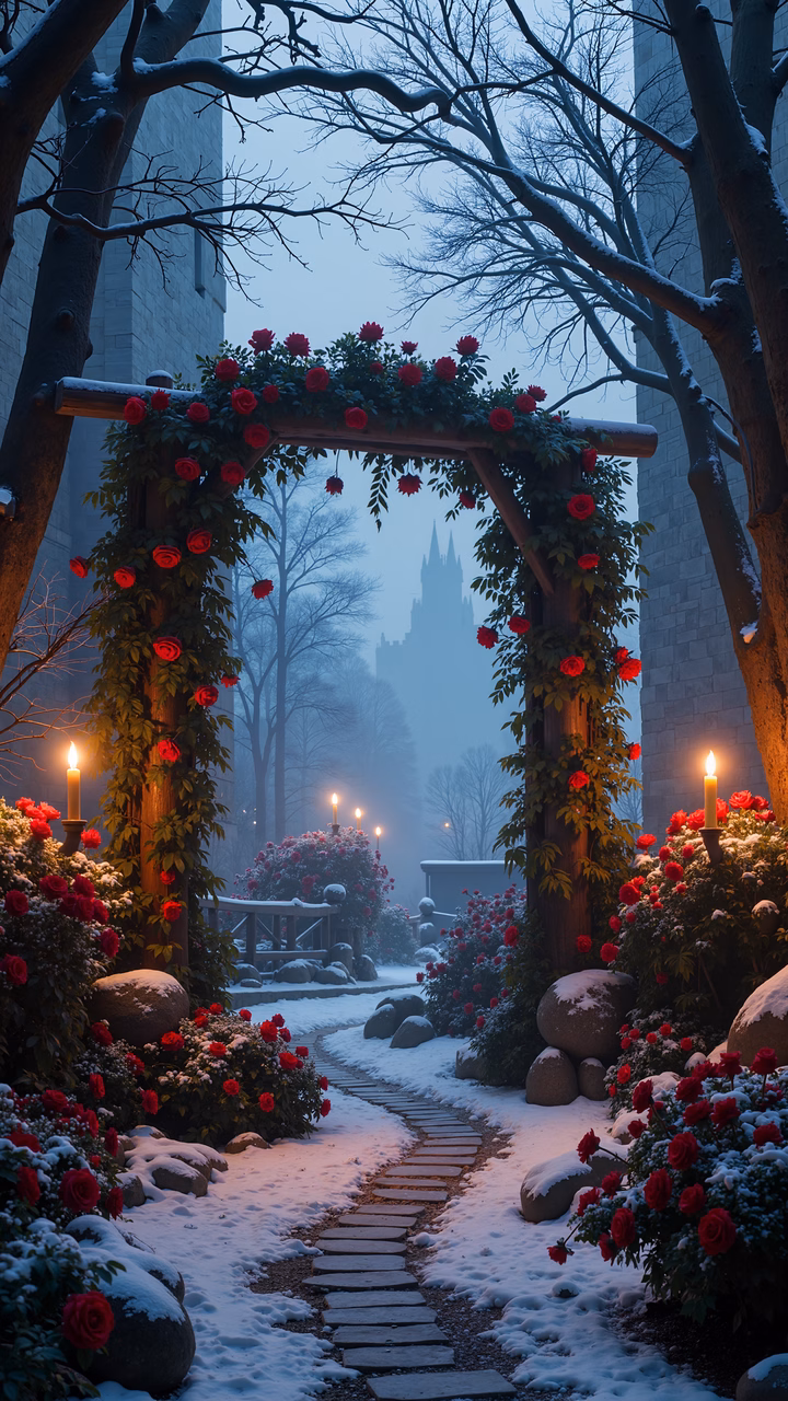 Enchanting rose archway in a snowy landscape leading to a misty castle.
