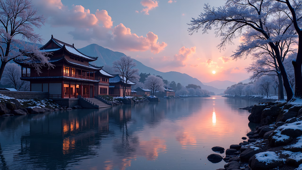 A tranquil winter sunset scene with a traditional temple and frost-covered trees.
