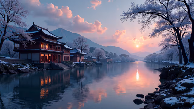 Winter Sunset at Traditional Temple