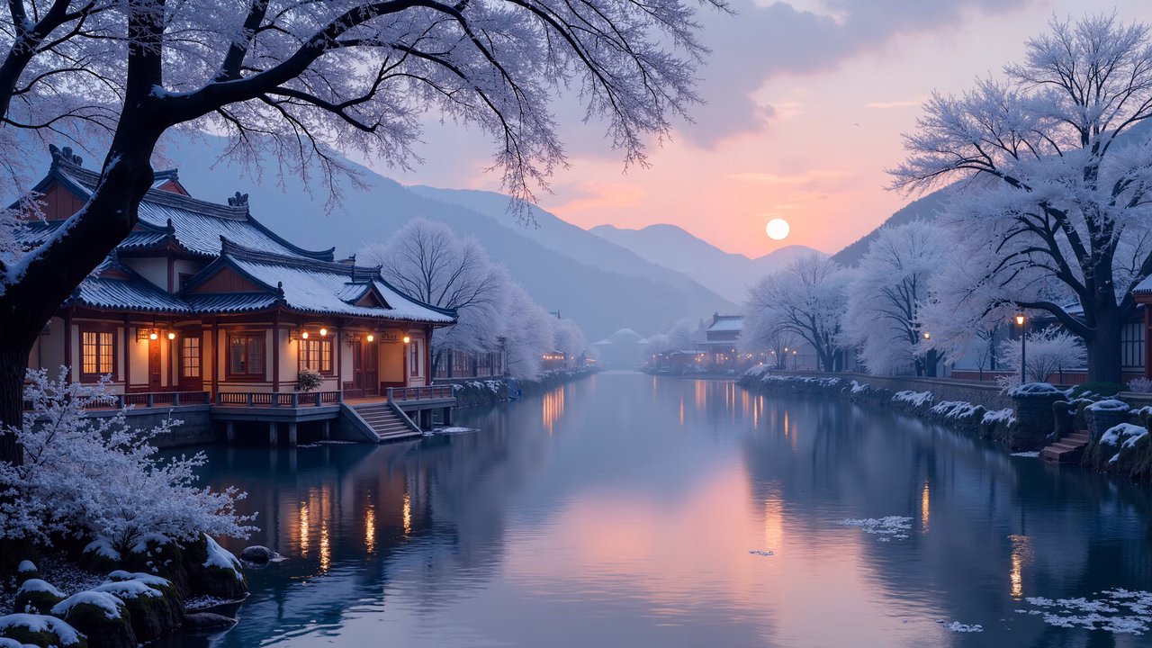 Snowy winter landscape with serene reflections and traditional buildings at sunset.