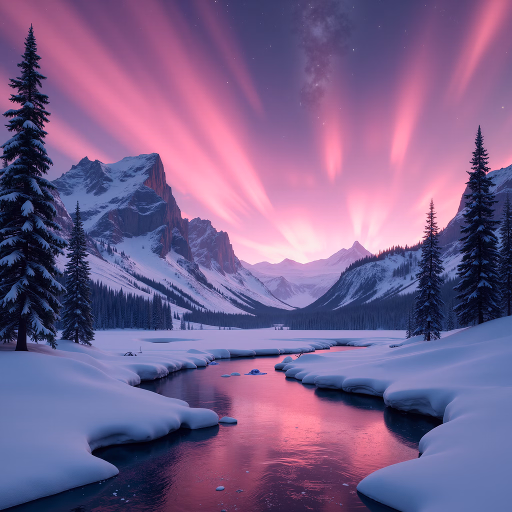 A magical winter landscape with snow-capped mountains and a tranquil river under a starlit sky with pink and purple auroras.