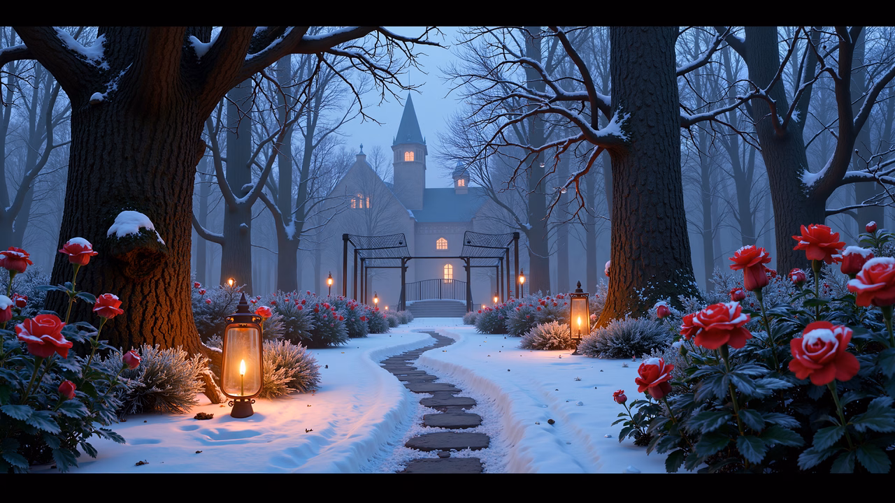 A winter wonderland with lantern-lit path and castle in misty fog.
