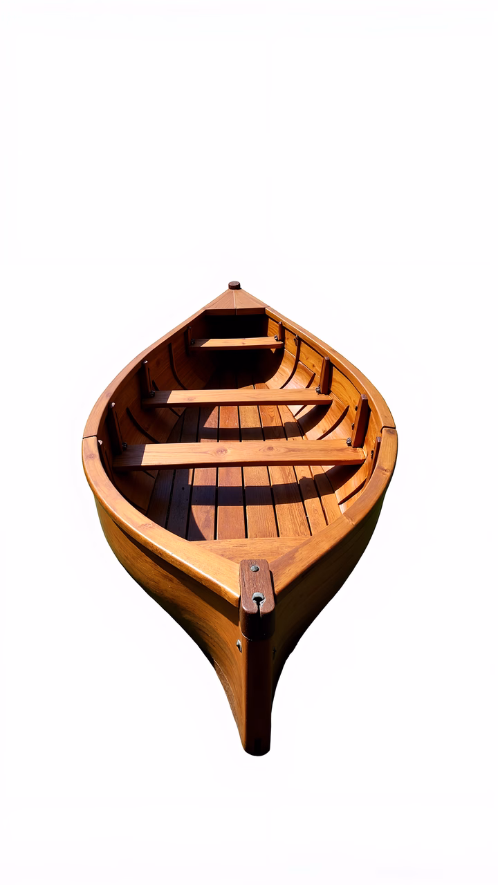 Detailed illustration of a wooden rowboat with a warm brown color palette and intricate wooden slats.