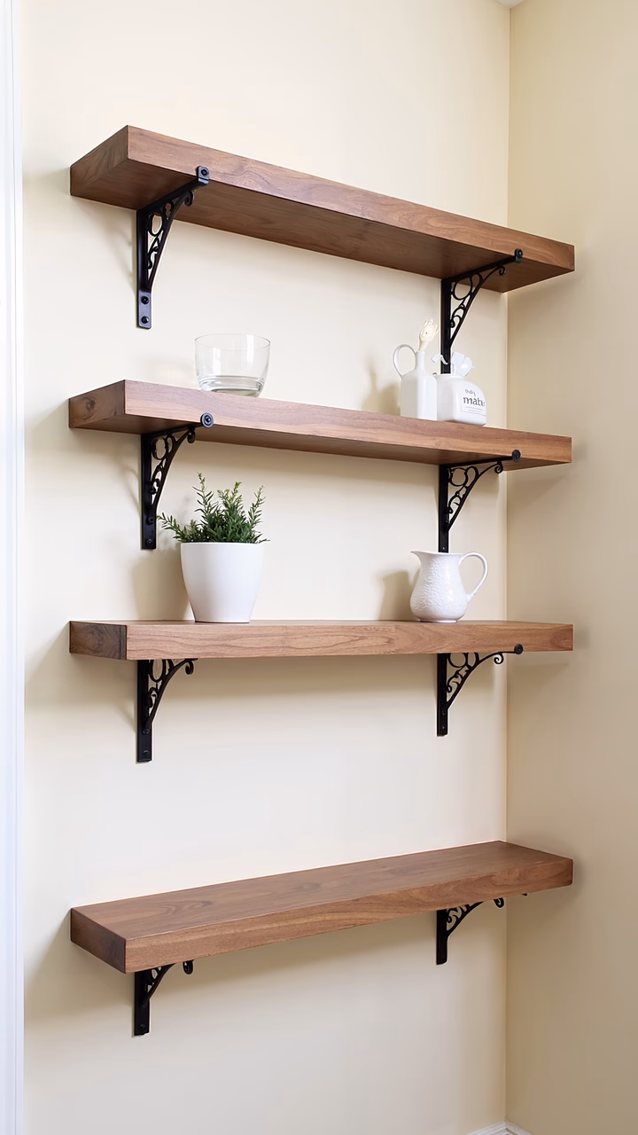Minimalistic wooden shelves with decorative items against a light beige wall.