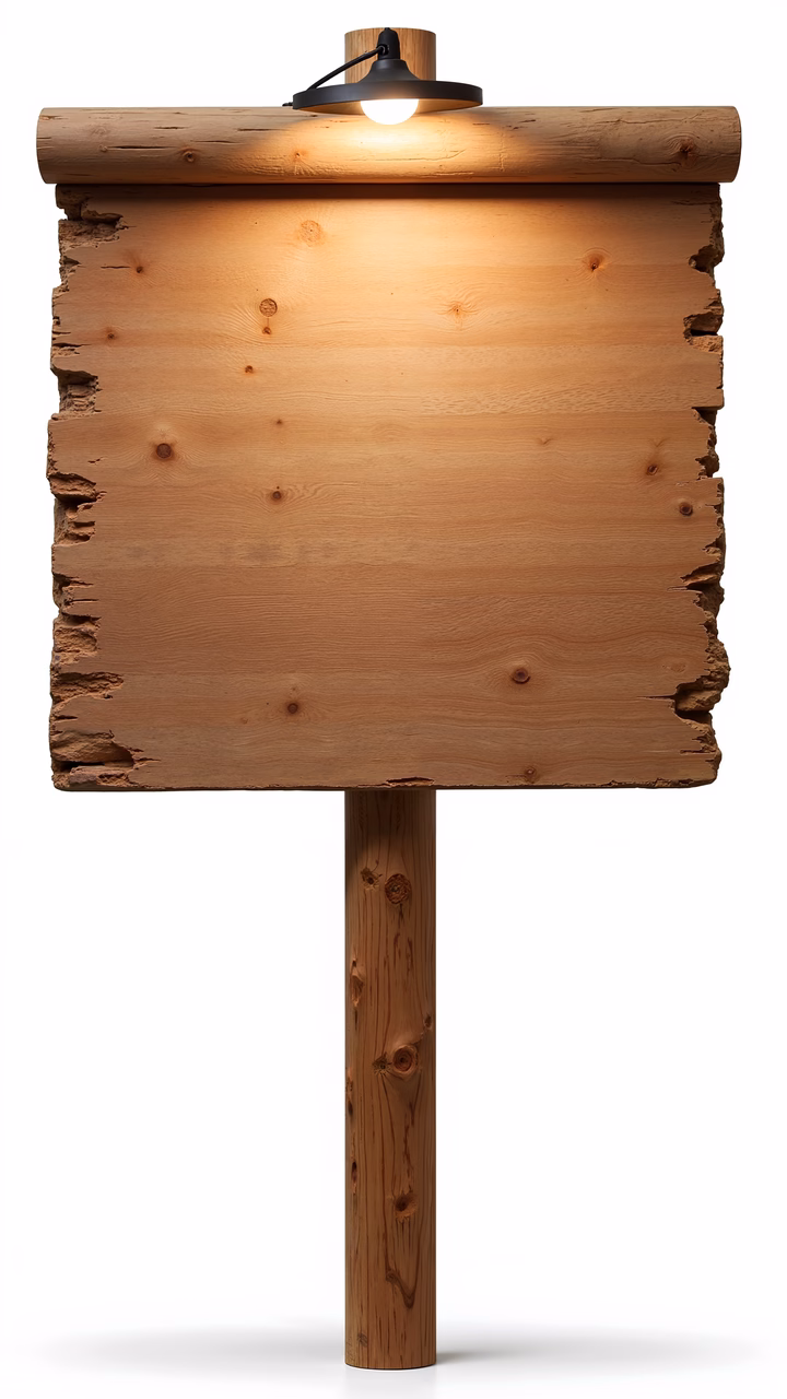 Rustic wooden signboard with a warm lamp, evoking nostalgia and simplicity.