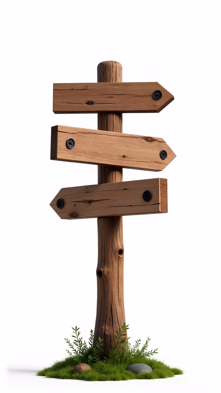 Rustic wooden signpost with directional arrows on a white background, symbolizing guidance and exploration.