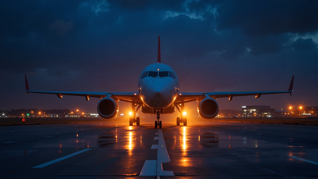 Aircraft on Wet Runway at Twilight