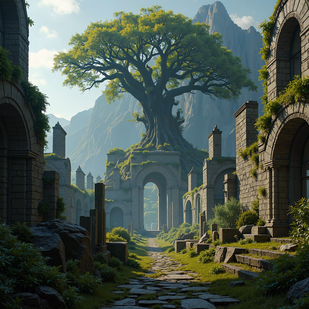 Ancient ruins surrounded by nature, featuring a giant tree and a cobblestone path.