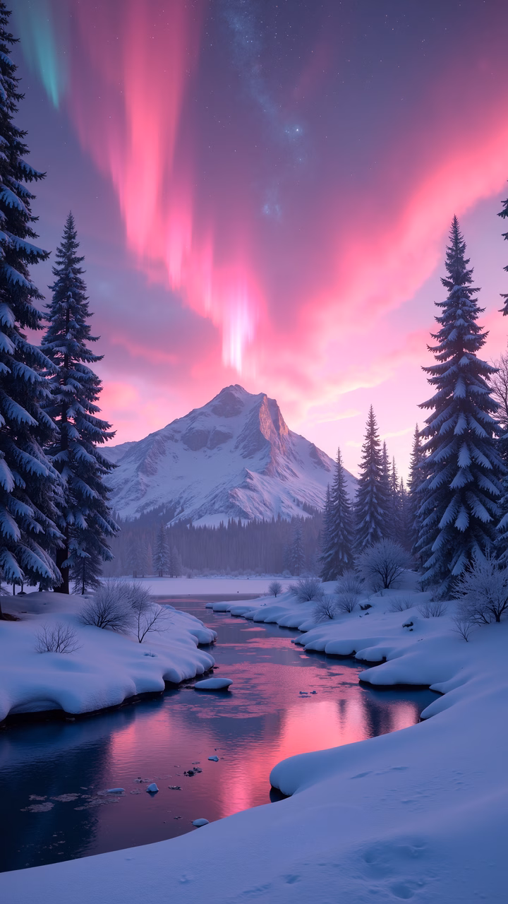 Aurora Borealis over a snowy mountain landscape, serene and magical.