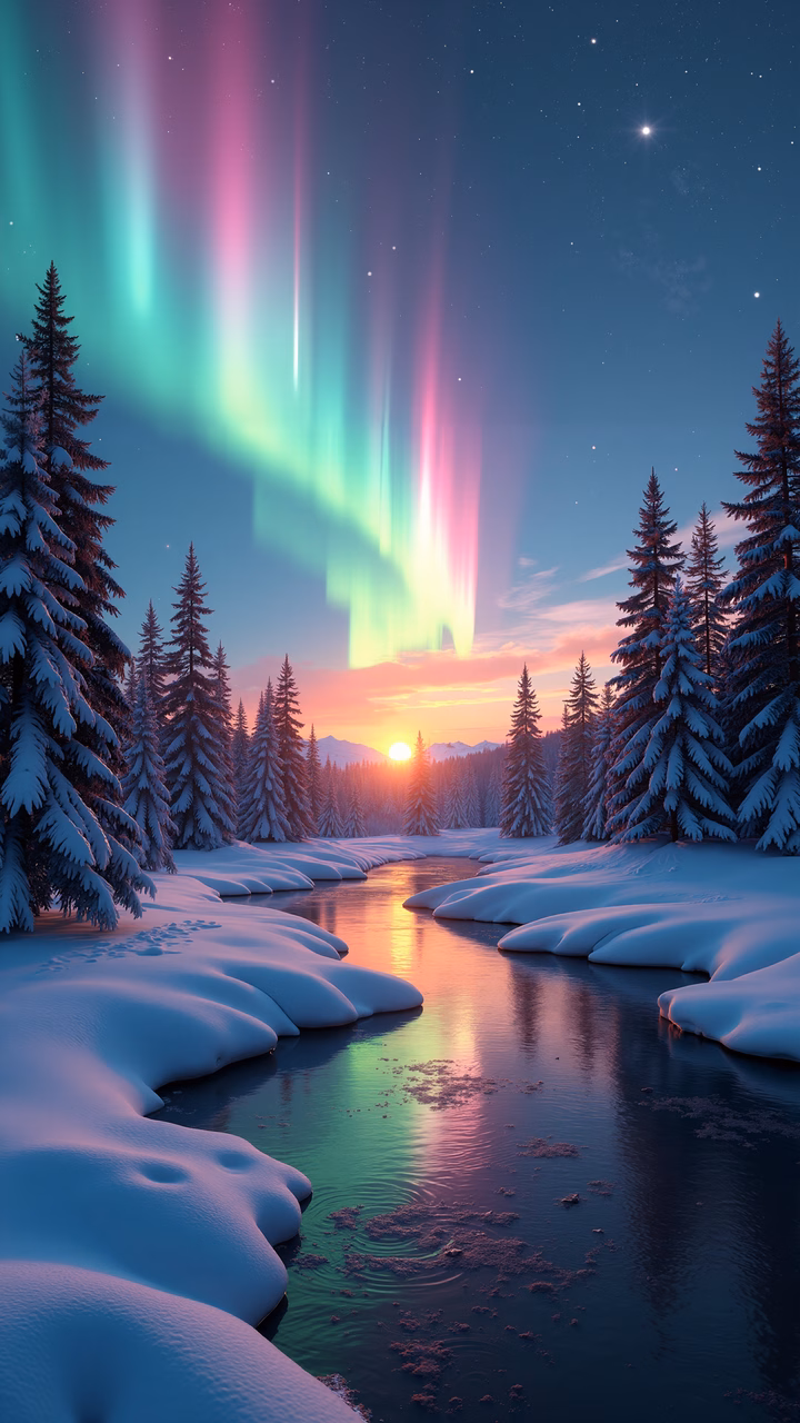 Mesmerizing aurora over a snowy forest, reflecting tranquility and natural beauty.
