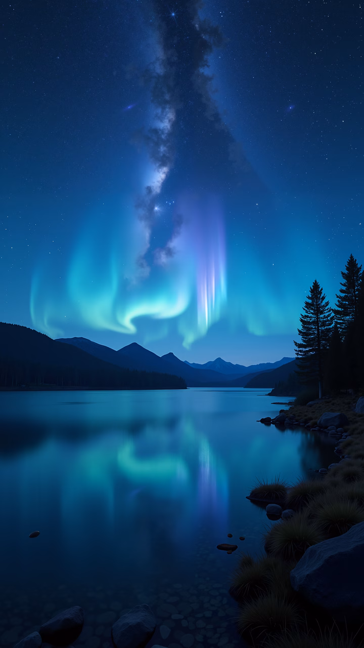 Aurora Borealis reflected in a tranquil lake, capturing the beauty of nature and celestial phenomena.