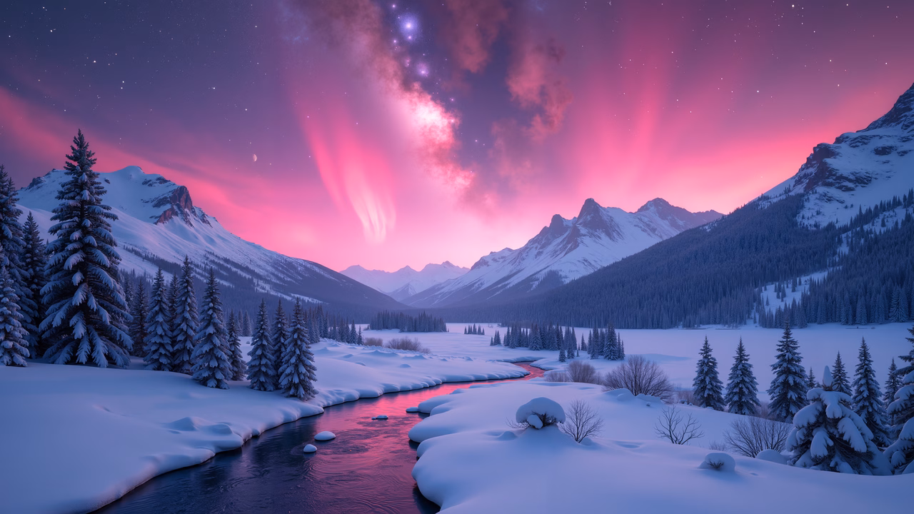 Aurora over snowy mountains, serene winter landscape, ethereal light, tranquil river, dense evergreen forests.