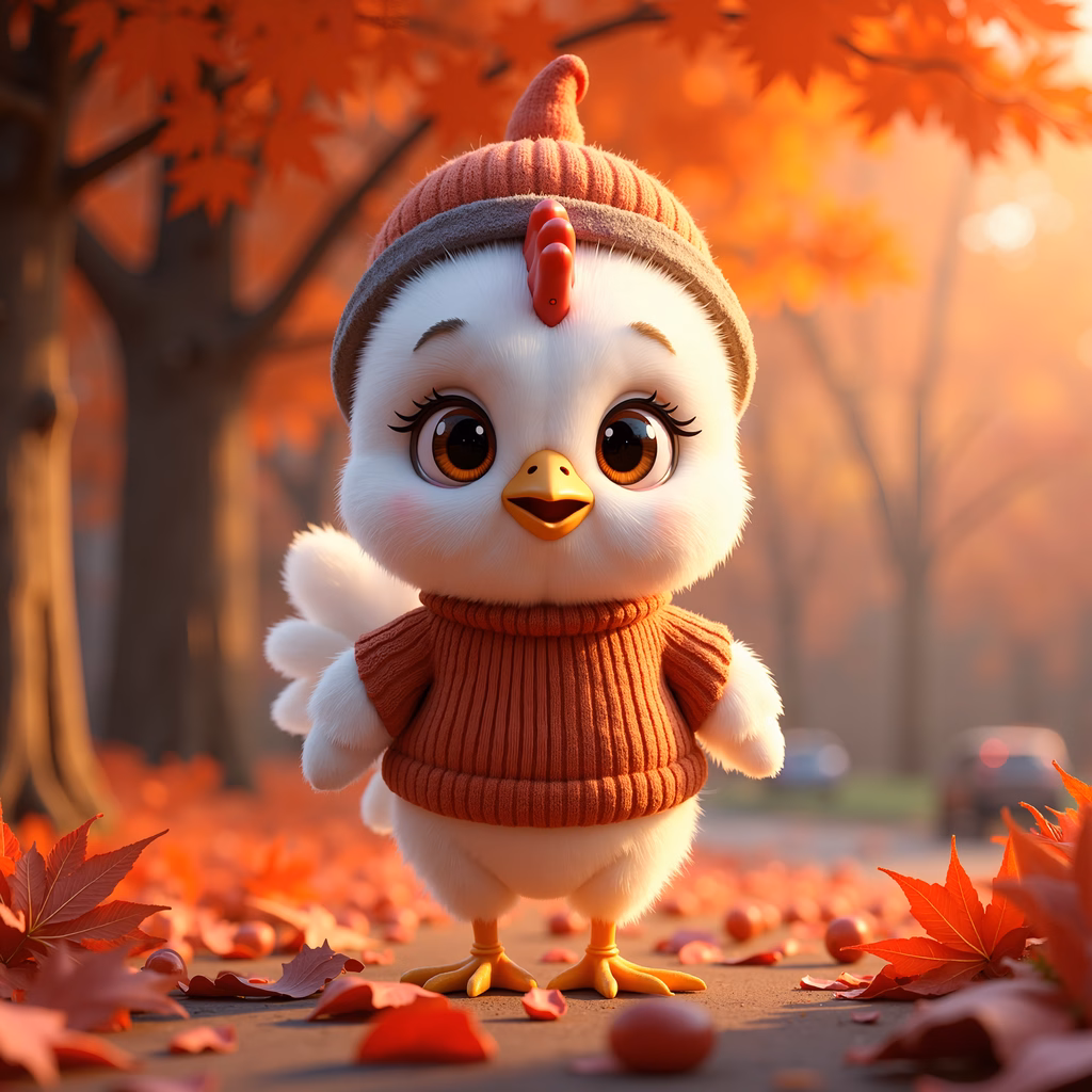 A delightful autumn-themed illustration featuring a chick in cozy attire amidst falling leaves.