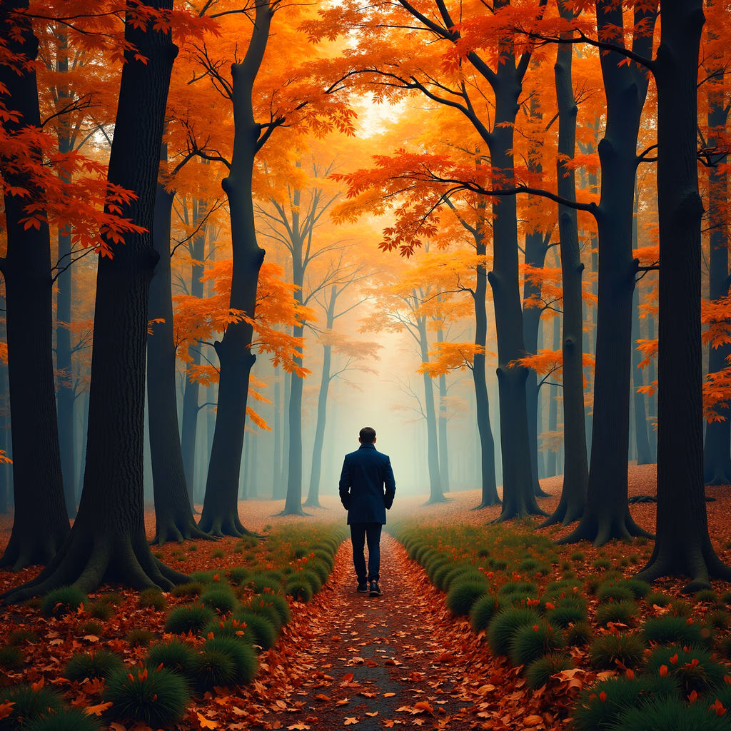 Solitary figure walking through a misty autumn forest.