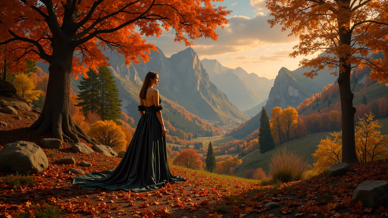 Woman in black gown amidst autumnal landscape, serene and contemplative.