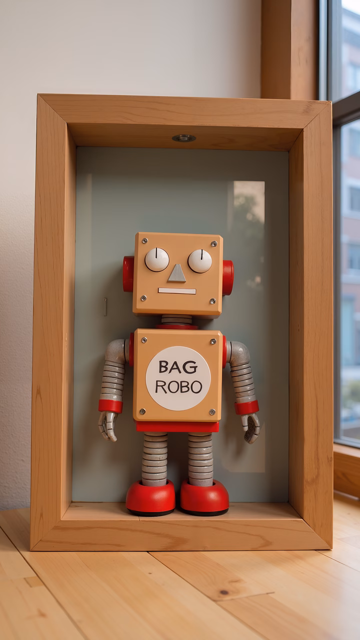 A retro robot toy named Bag Robo in a wooden box, evoking nostalgia and charm.