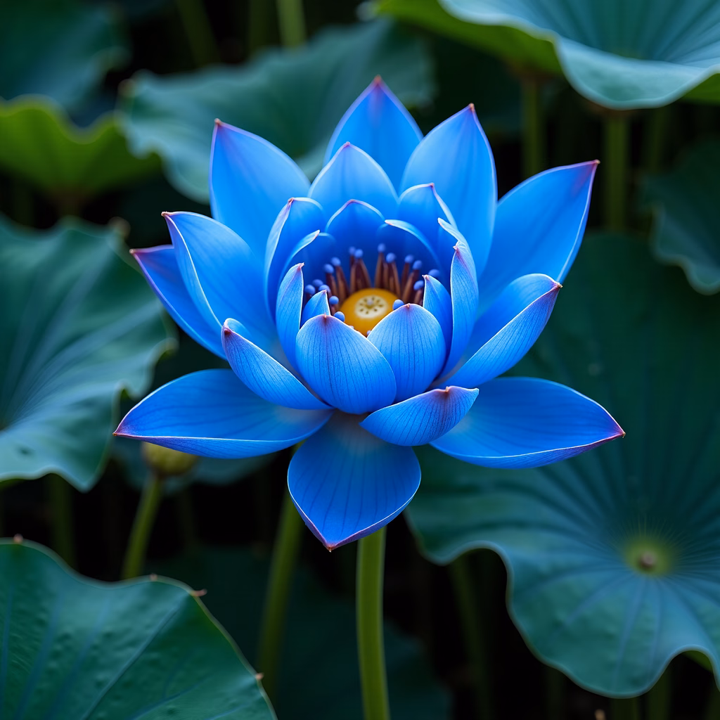 Vibrant blue lotus flower with detailed petals and warm yellow center, surrounded by green foliage.