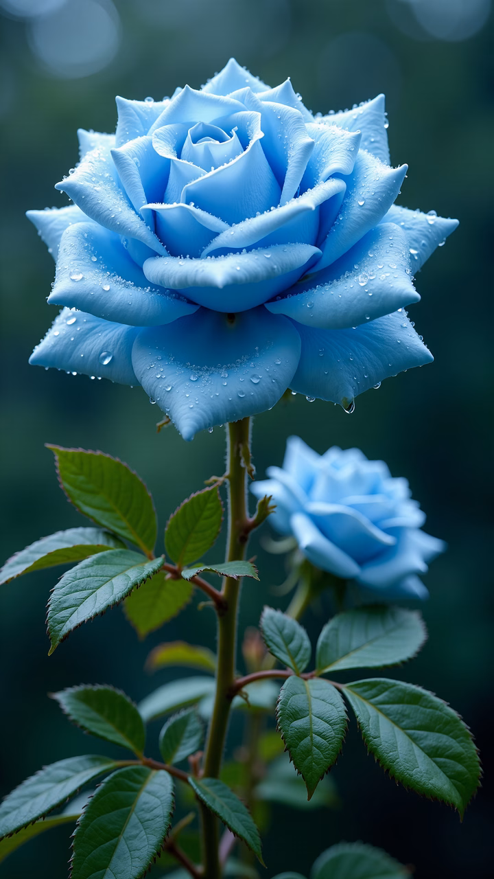 Close-up of a dew-drenched blue rose with vibrant hues and lush greenery.