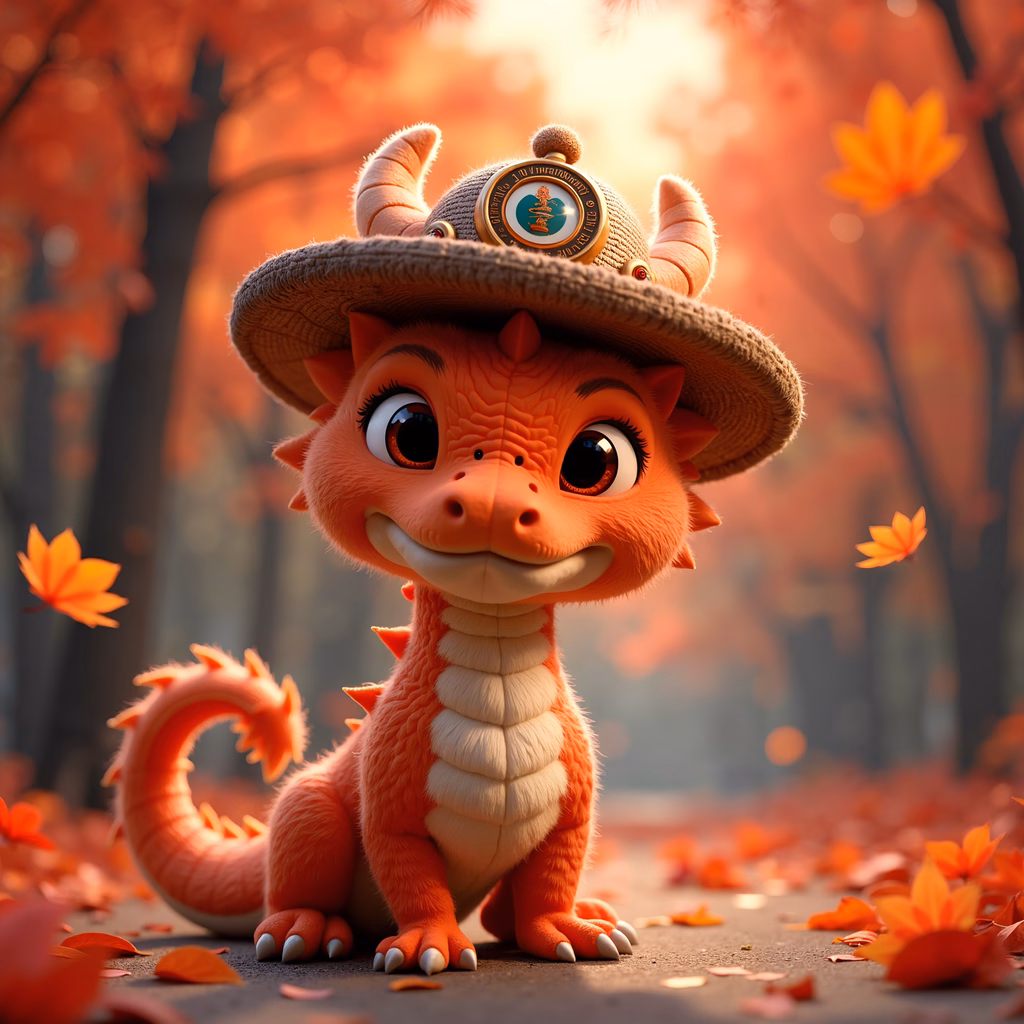 Whimsical cartoon dragon enjoying a sunny autumn day in a colorful forest.