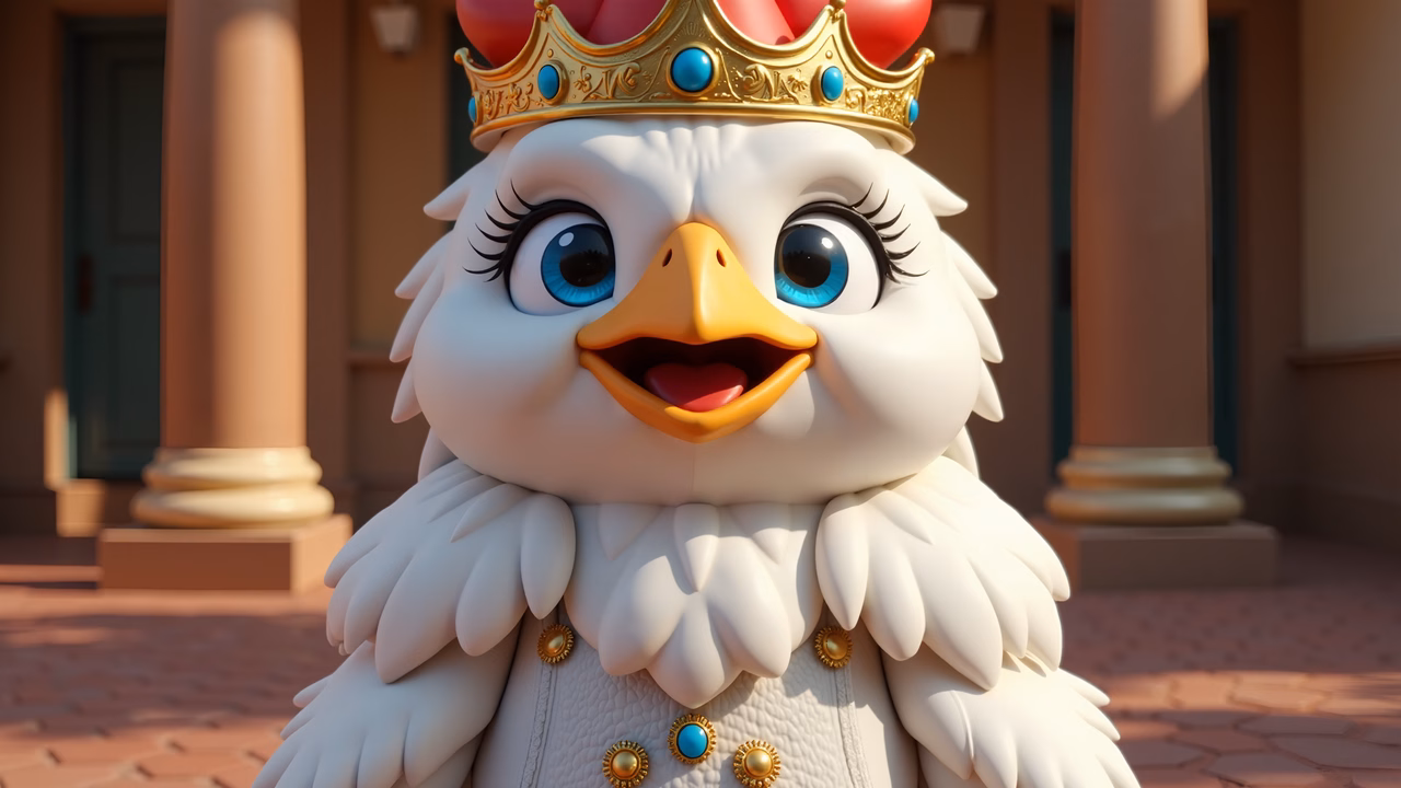A joyful cartoon eagle queen in regal attire against classical architecture.