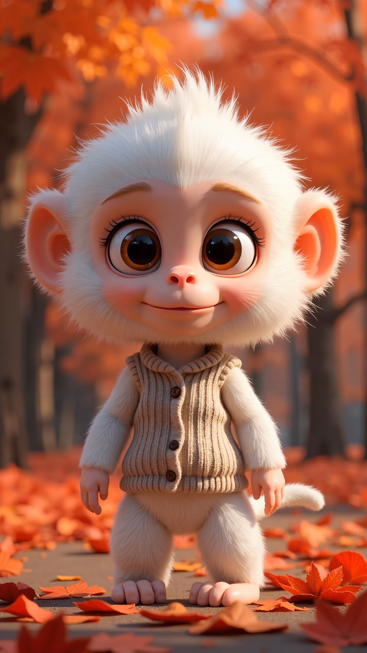 A cute cartoon monkey in a cozy sweater vest amidst autumn foliage.