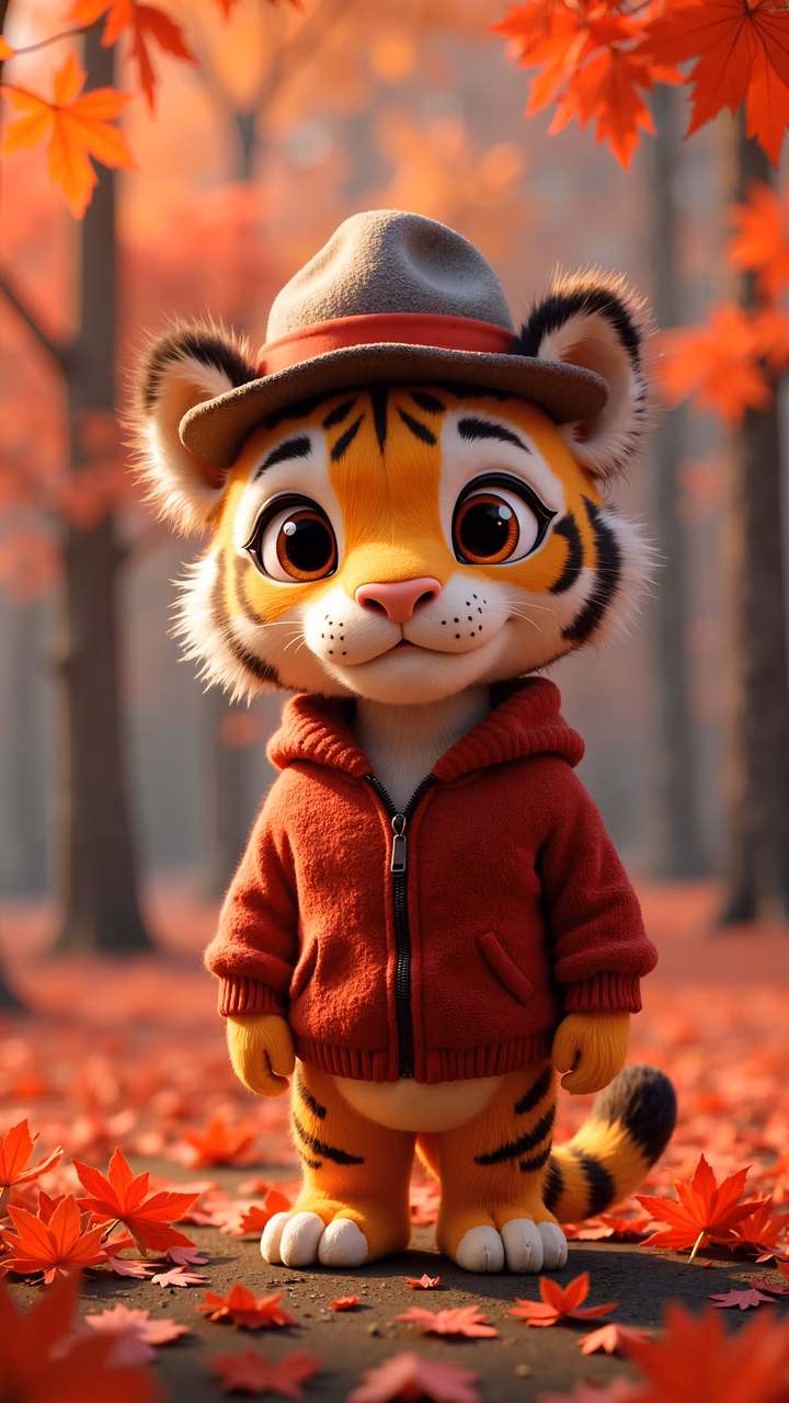 A cute cartoon tiger in a red hoodie and fedora, surrounded by autumn leaves.