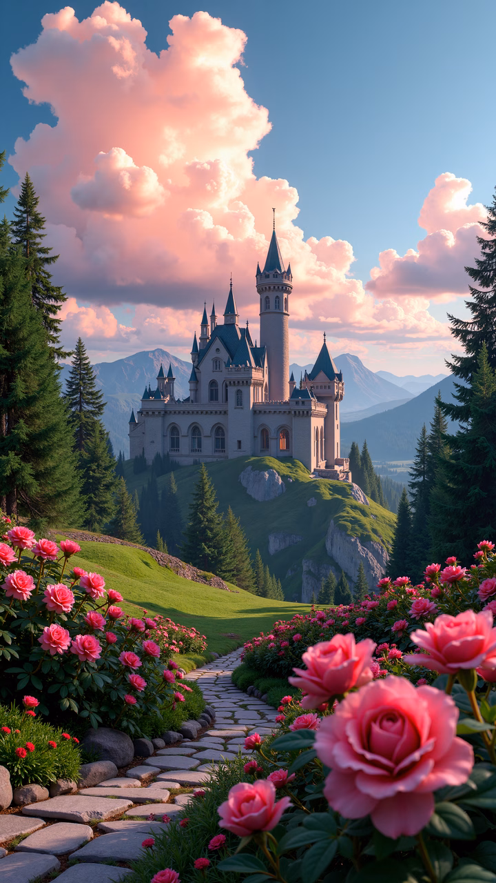 Magical castle nestled in a pink sky, surrounded by roses and pine trees.