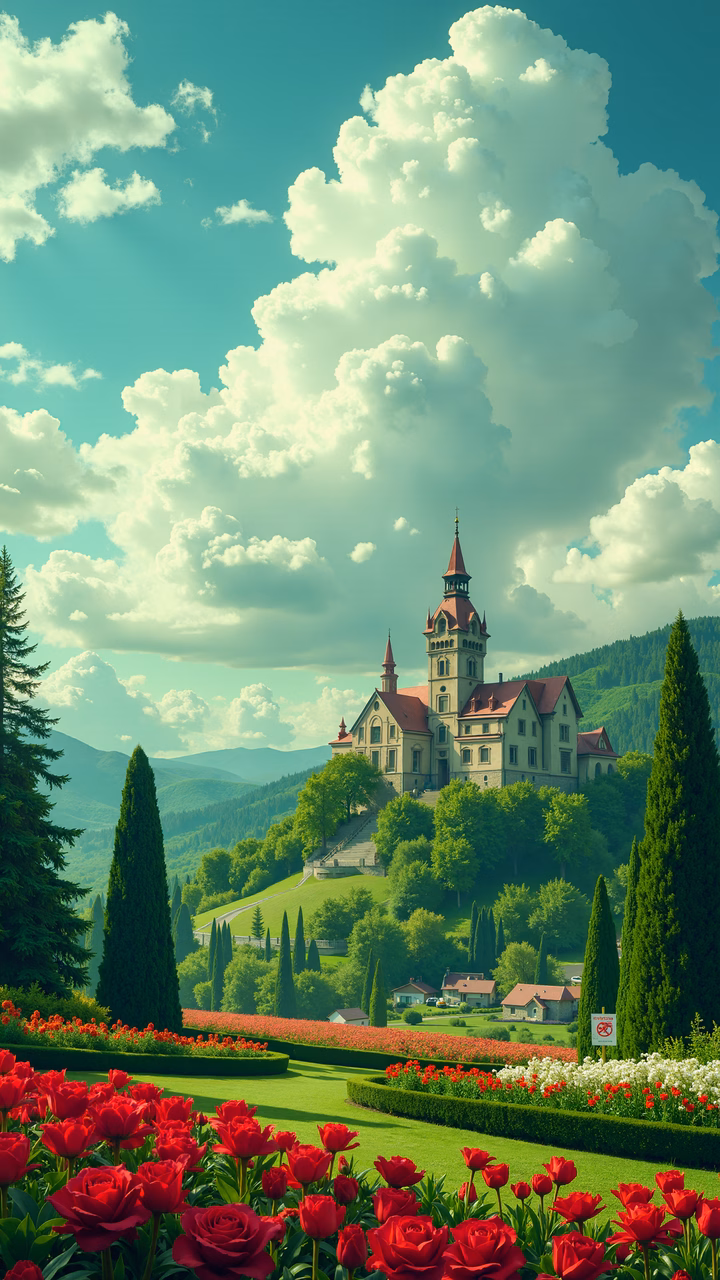 Grand castle amidst lush gardens under a serene sky.
