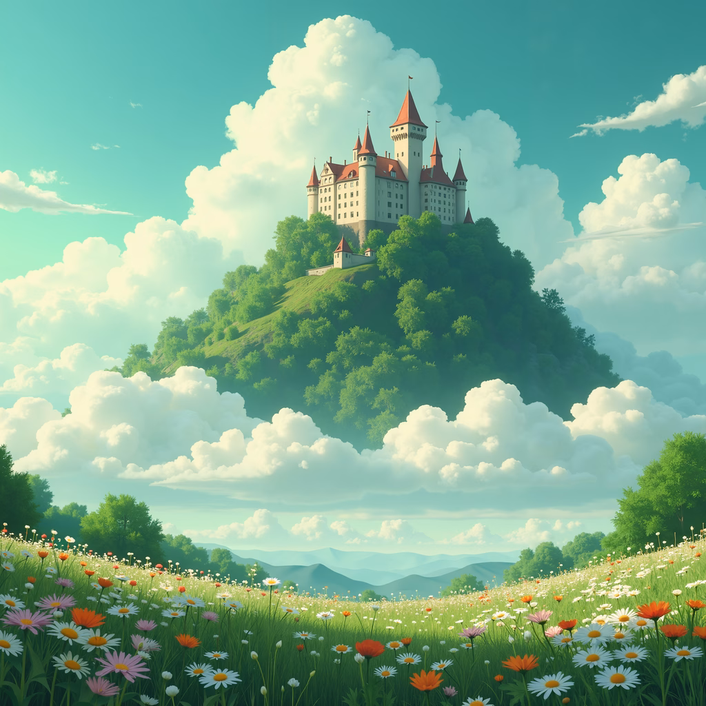 Majestic castle amidst a lush meadow and vibrant flowers under a serene sky.