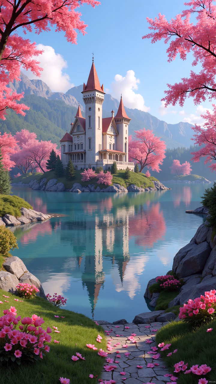 Enchanted castle reflecting in a tranquil lake, surrounded by lush greenery and vibrant blossoms.