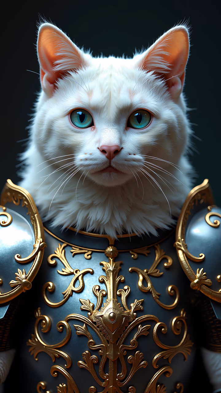 Majestic cat in golden armor, fantasy art
