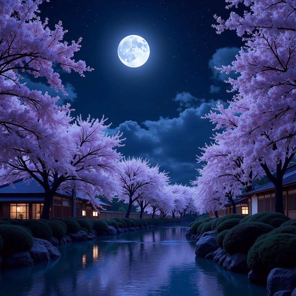 Cherry blossoms and a full moon create a peaceful night landscape.