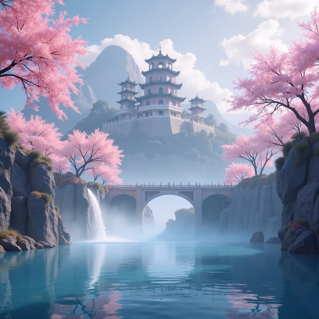 A peaceful pagoda amidst cherry blossoms and serene waters, capturing tranquility and beauty.