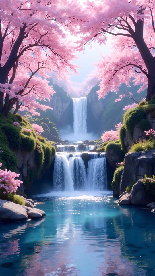 Cherry Blossom Waterfall Illustration
