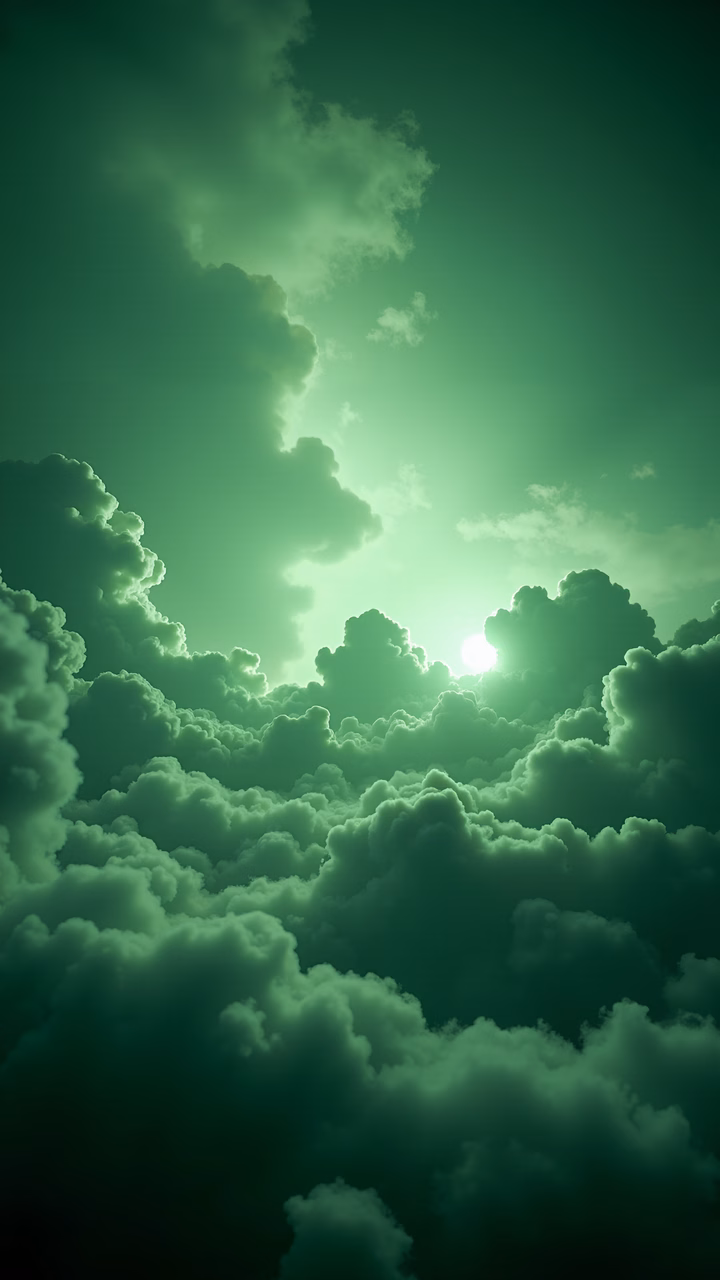 A peaceful sky scene with green clouds and sunlight peeking through, evoking tranquility.
