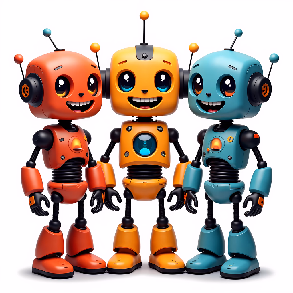 Brightly colored robots with big smiles and friendly expressions.