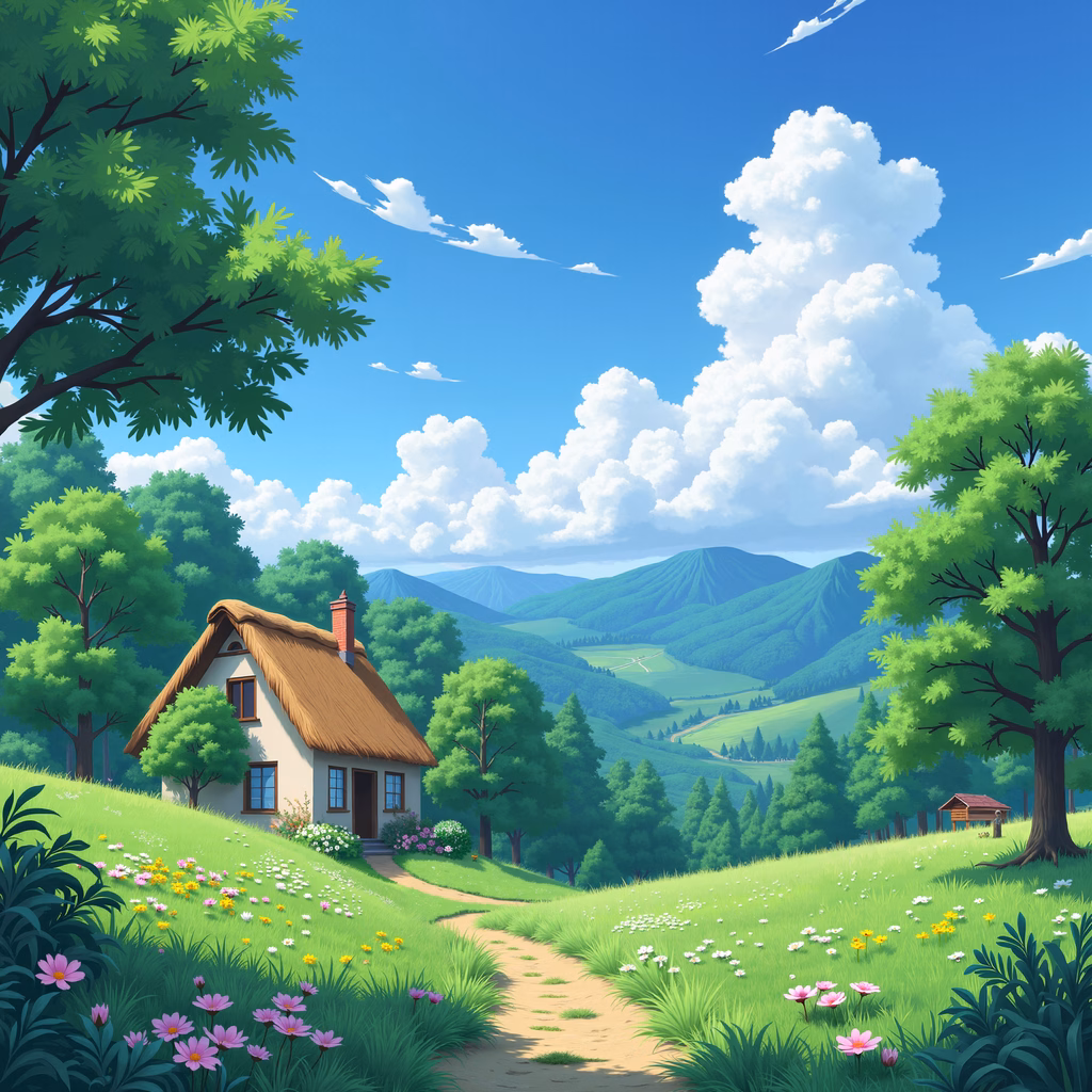 A charming cottage surrounded by blooming flowers and rolling hills under a clear blue sky.