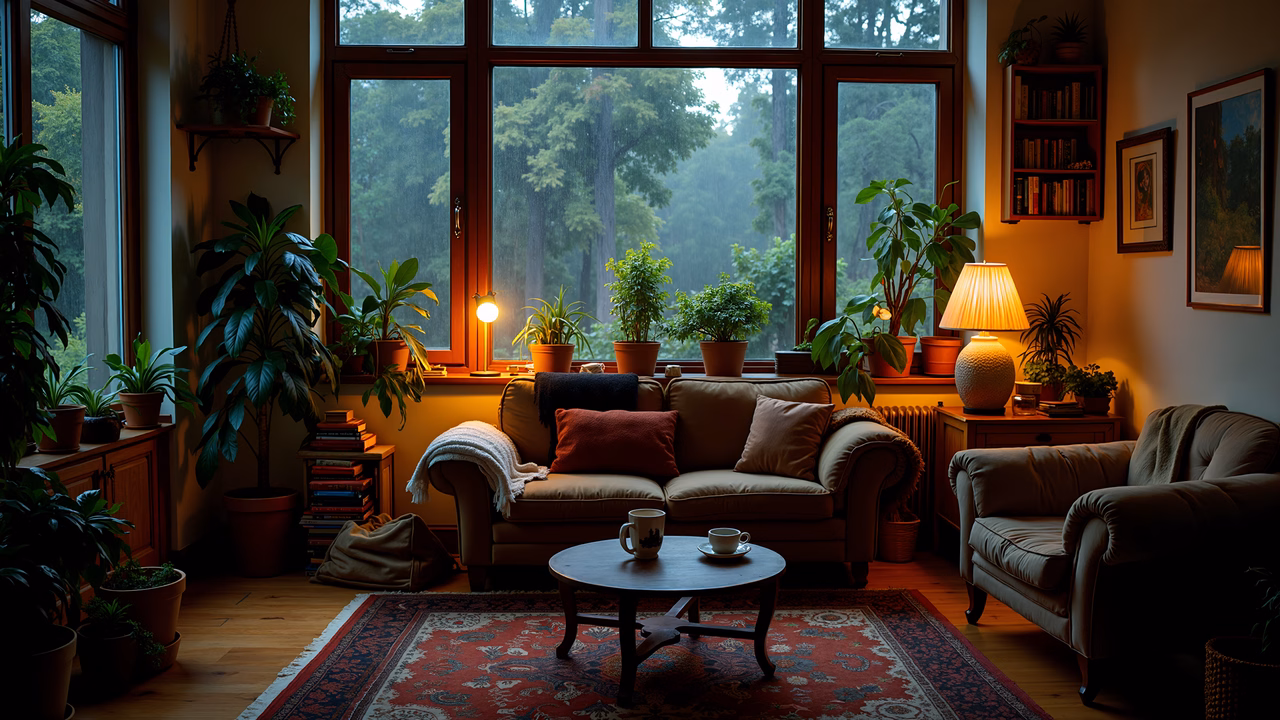 A tranquil and cozy living room with lush plants and warm tones, ideal for relaxation.