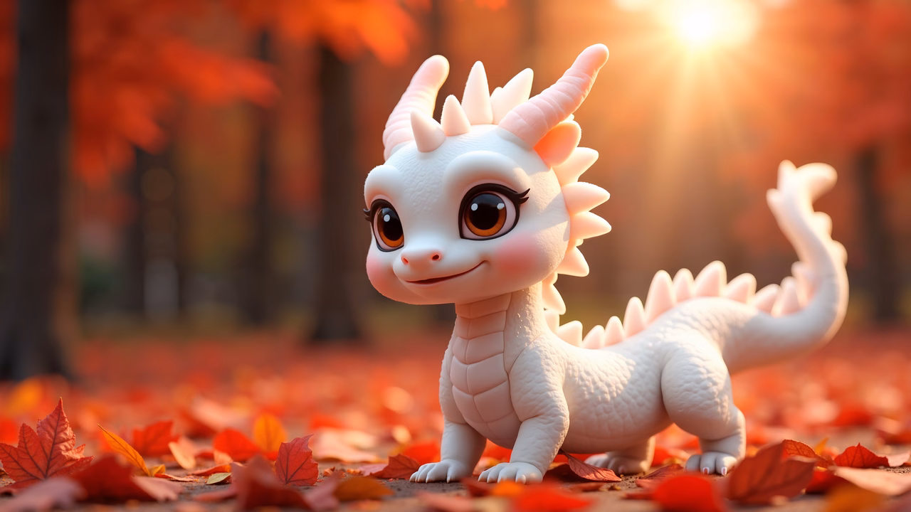 A cute dragon surrounded by autumn foliage in a magical setting.