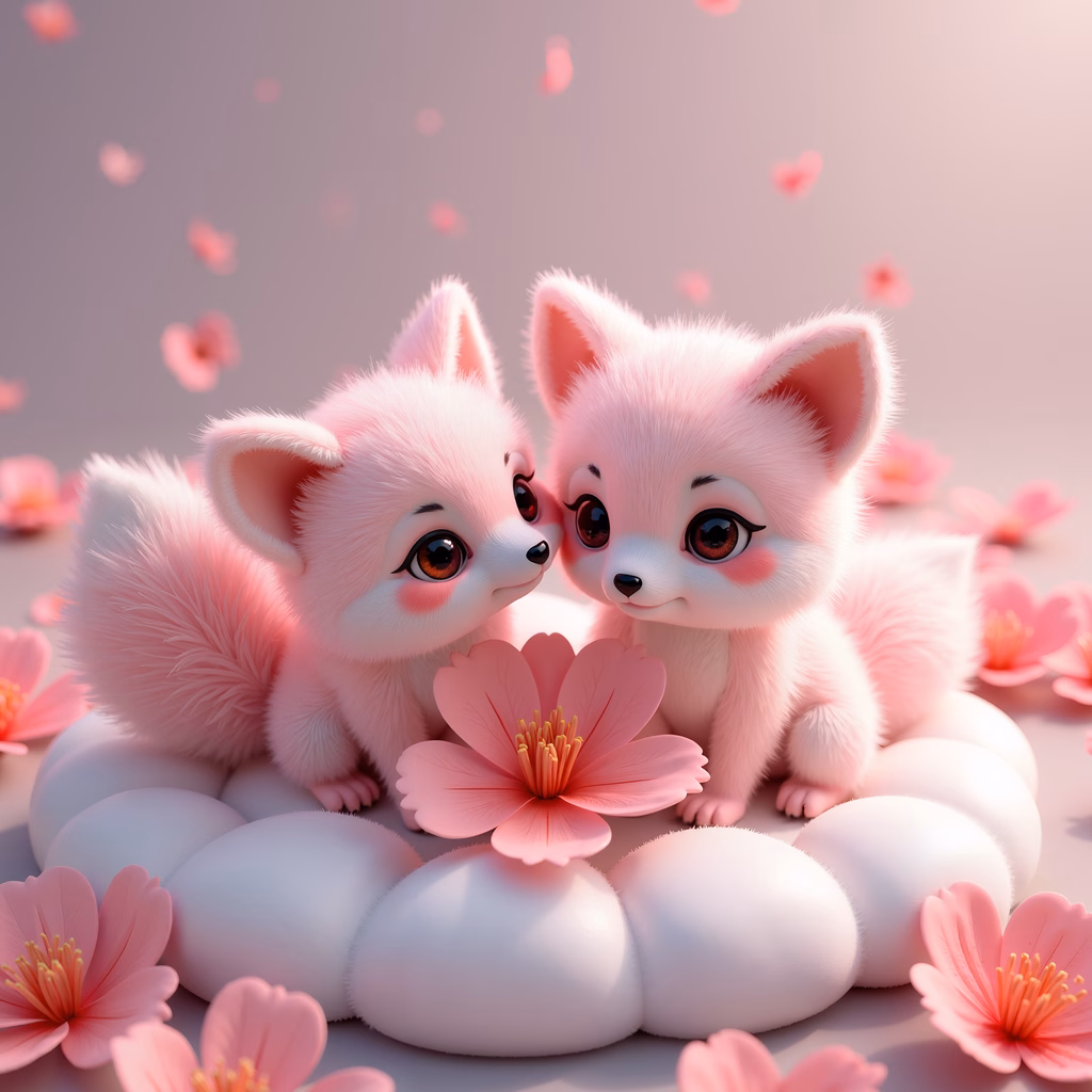 Two cute foxes surrounded by cherry blossoms in a pastel pink world.