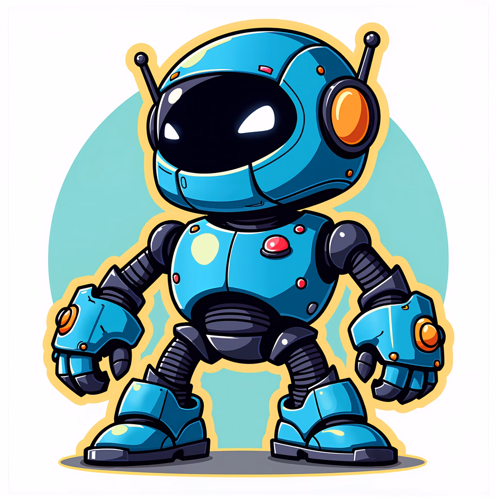A cheerful, cartoon-style robot with big eyes and vibrant colors.