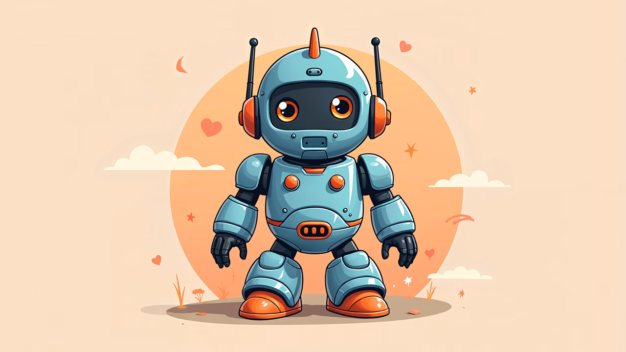 A cute, friendly robot with big eyes and antenna-like protrusions, set against a soft peach background with hearts and stars.
