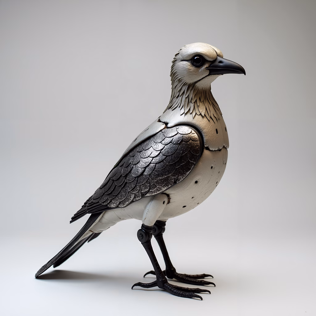 Cyborg bird with metallic, robotic feathers and smooth white head.