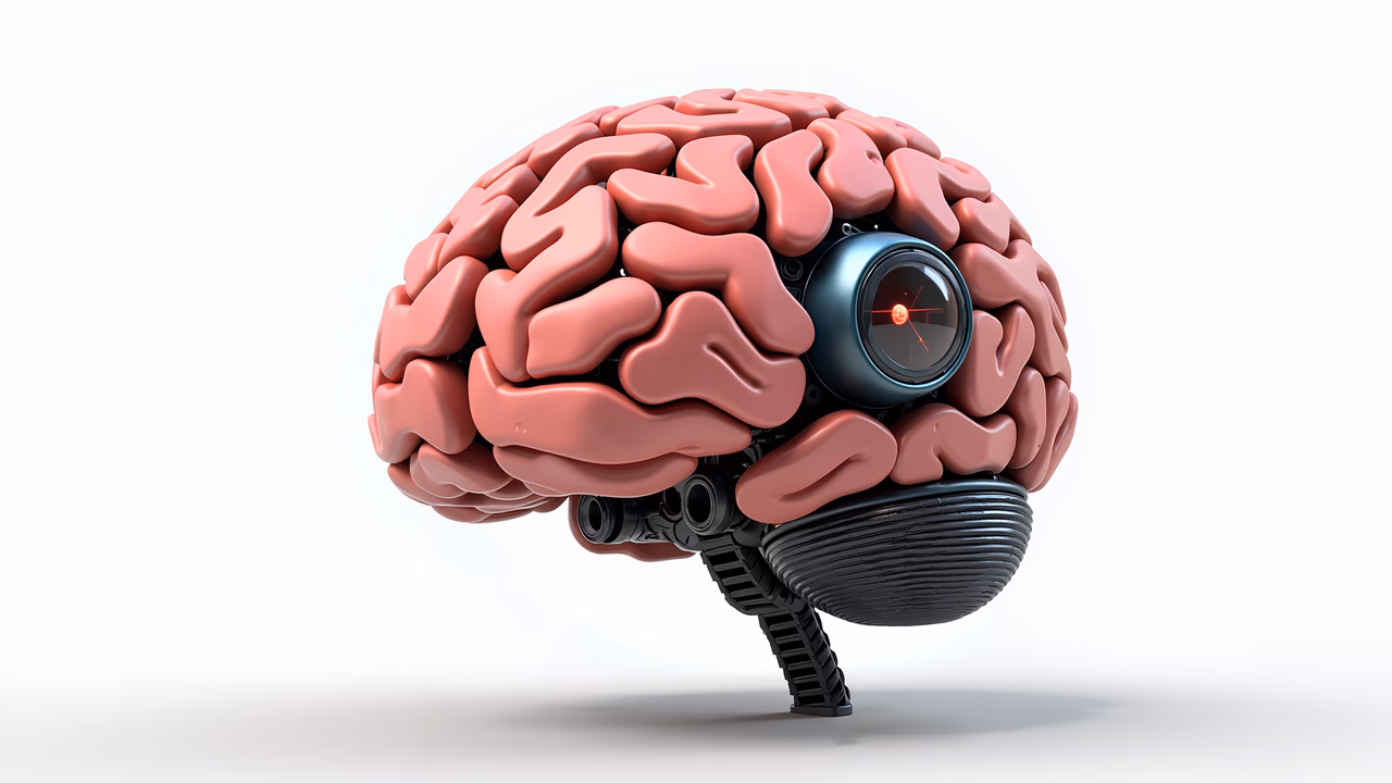 Futuristic cyborg brain with robotic eye and mechanical components.