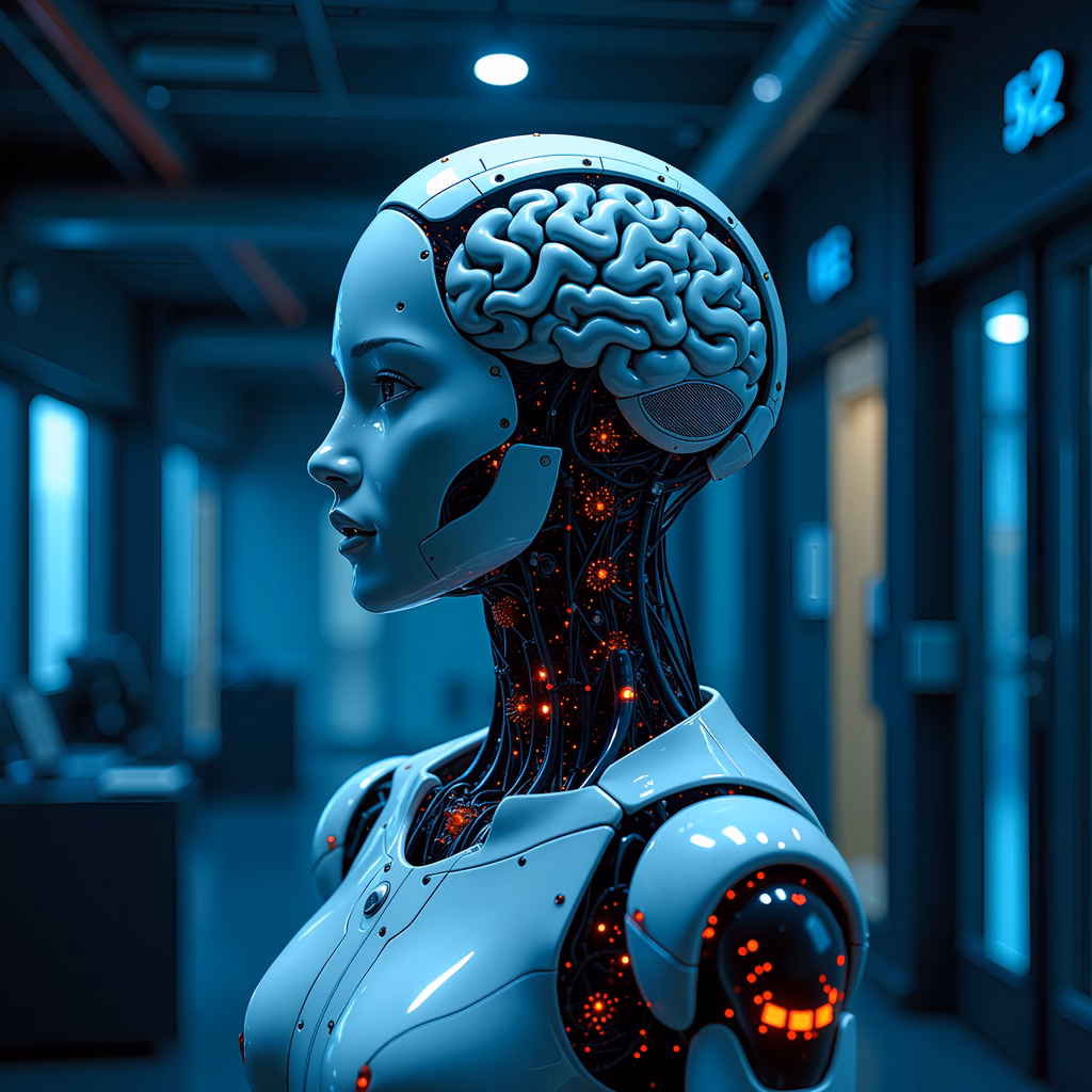 A cybernetic humanoid with a visible brain in a futuristic lab setting.