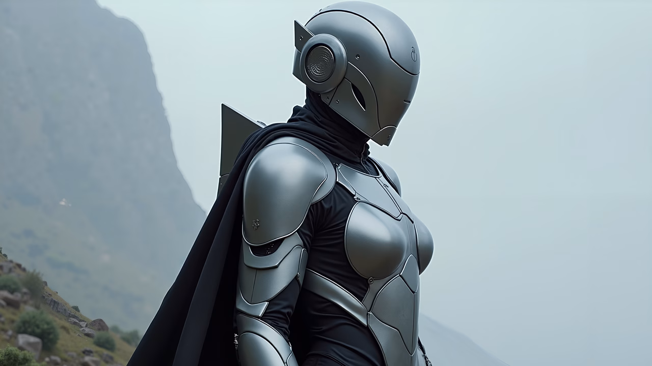 Mysterious cybernetic guardian in a misty landscape.