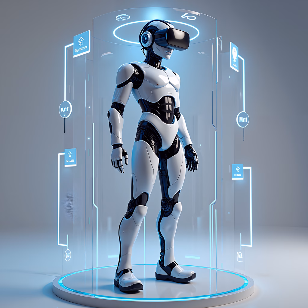 Futuristic cyborg wearing VR headset in a high-tech digital environment.