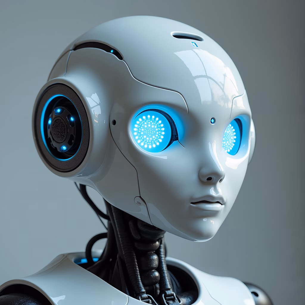 A close-up of a futuristic robot with glowing blue eyes against a neutral gray backdrop.