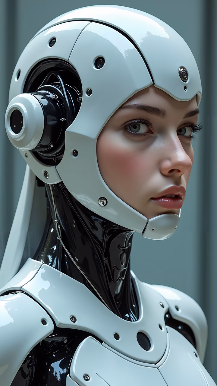A detailed illustration of a cyborg with a futuristic exoskeleton design.