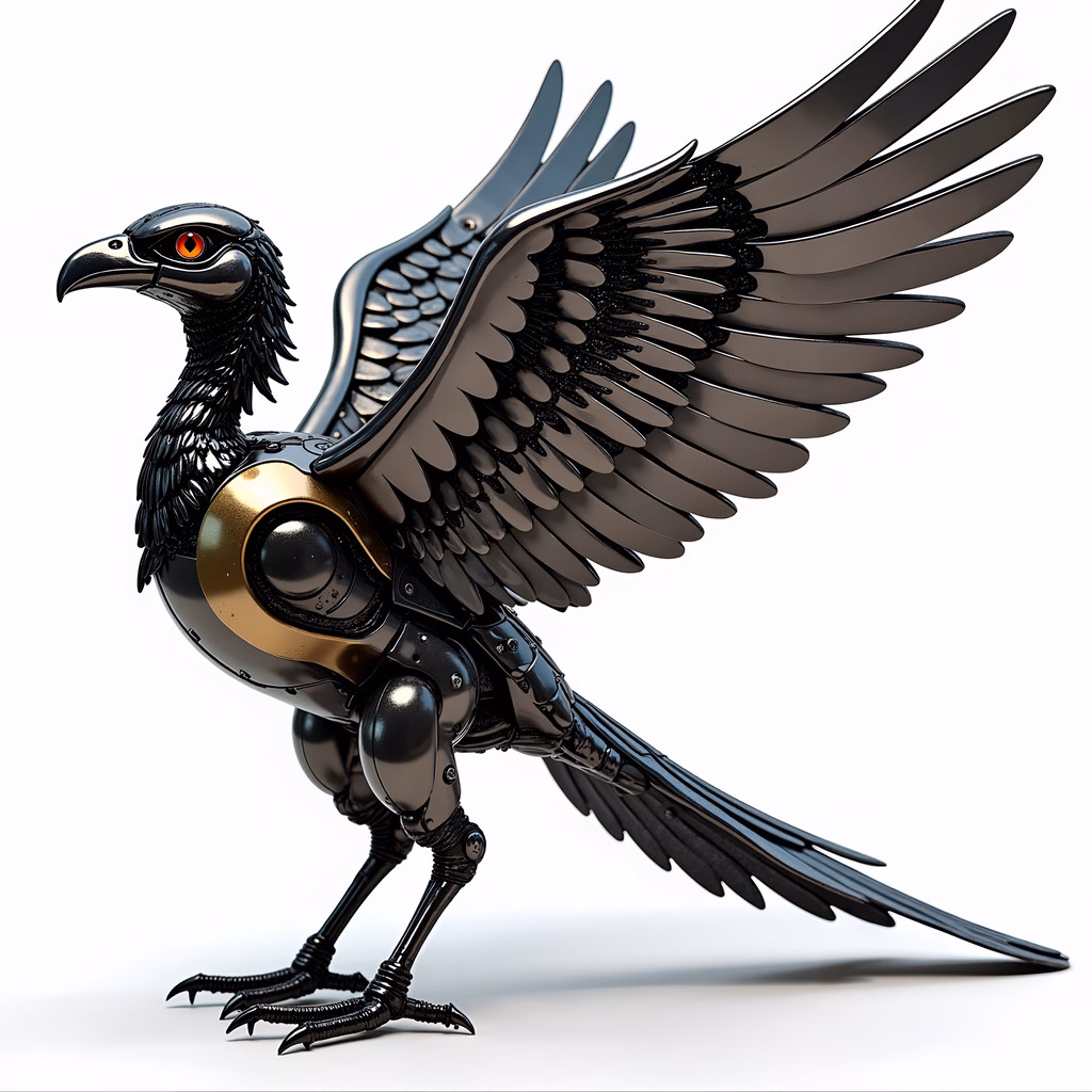 A menacing cybernetic raven with metallic plumage and glowing eyes.